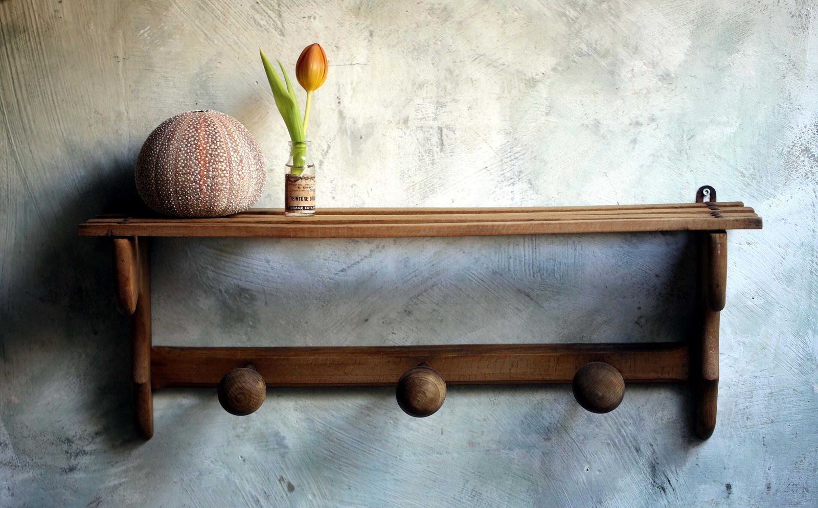 Antique French Coat Rack With 3 Pegs & Shelf Wooden Hat Hooks photo buy