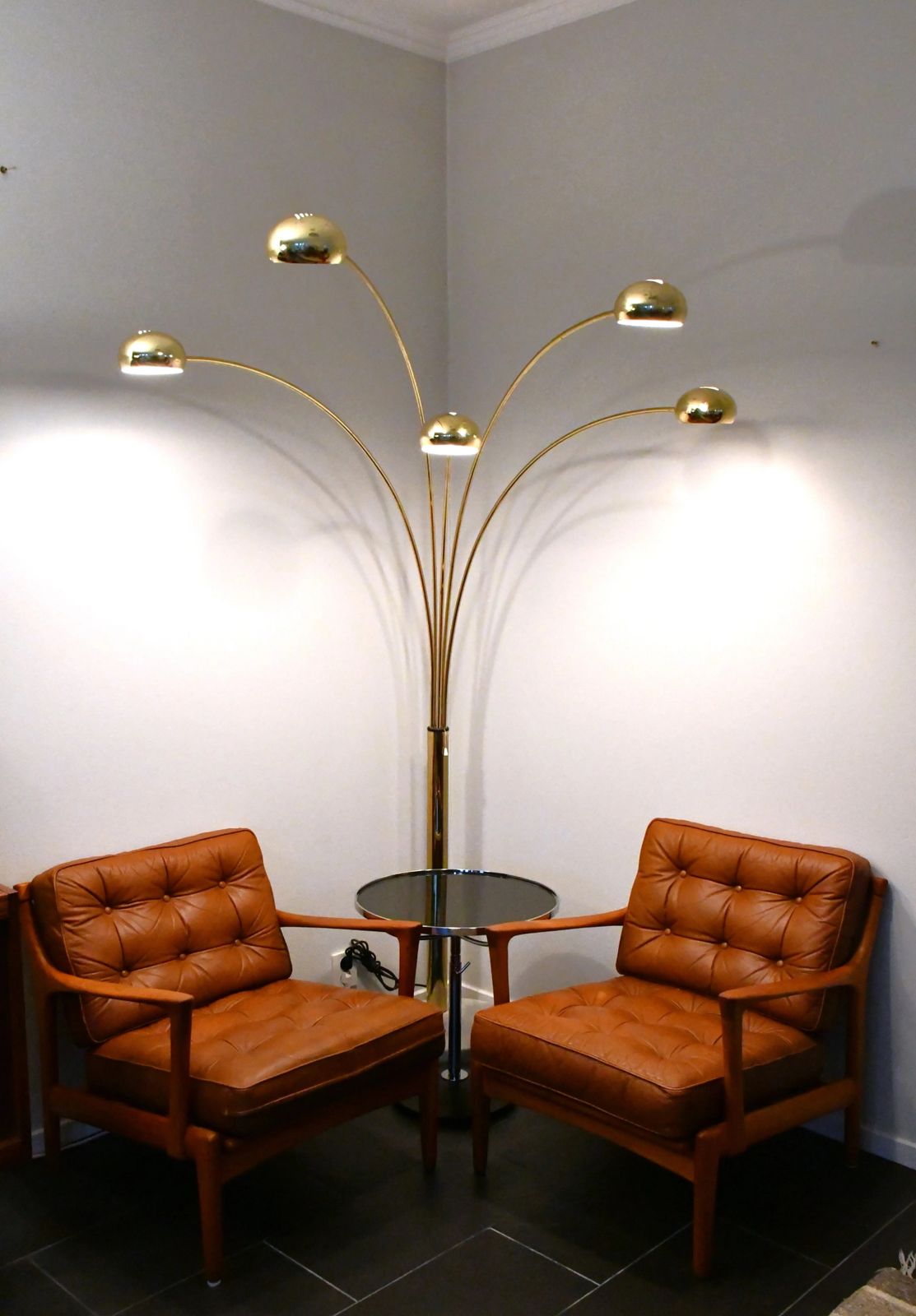 Vintage Swedish Five Arm Brass And Marble Base Floor Lamp, 1980s photo for sale