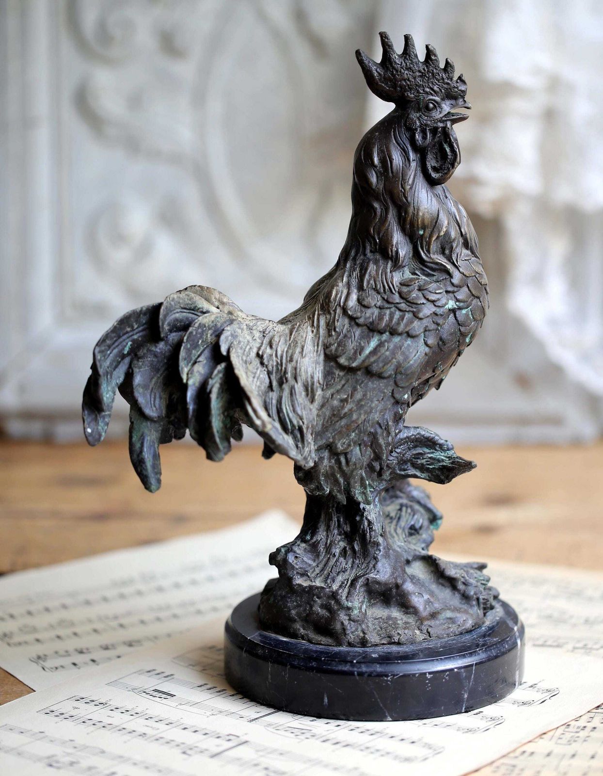 Antique Bronze Cockerel Statue French Rooster Figurine With Marble Base Art Nouveau