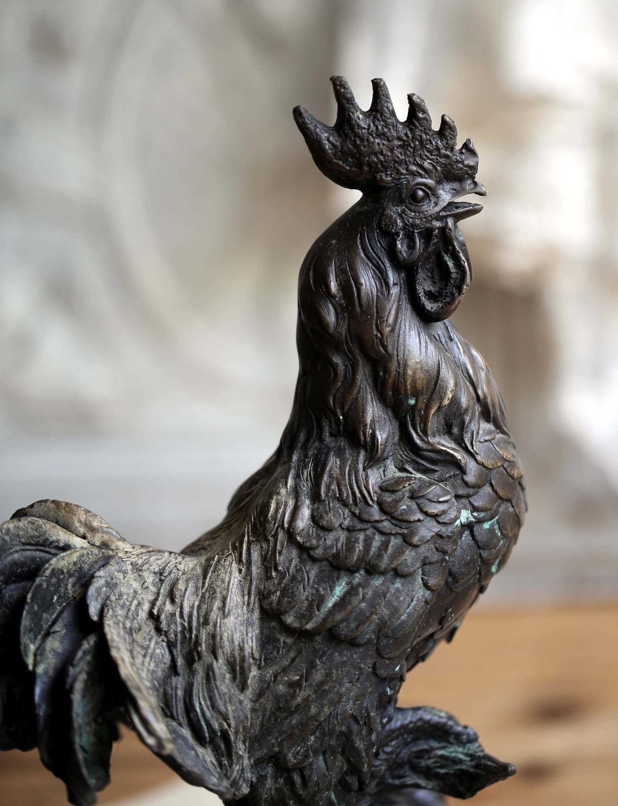 Antique Bronze Cockerel Statue French Rooster Figurine With Marble Base Art Nouveau photo furniture