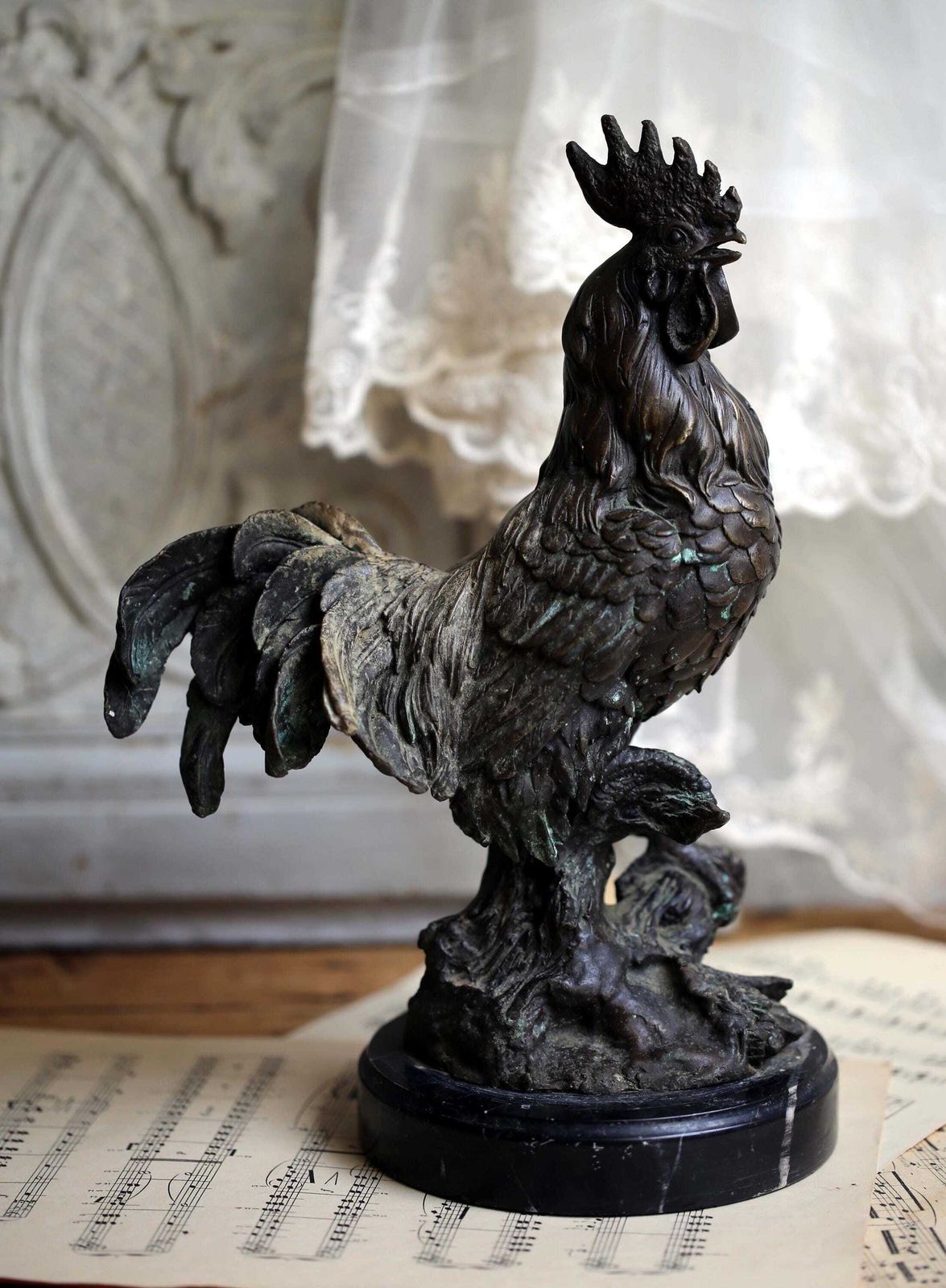 photo for sale Antique Bronze Cockerel Statue French Rooster Figurine With Marble Base Art Nouveau
