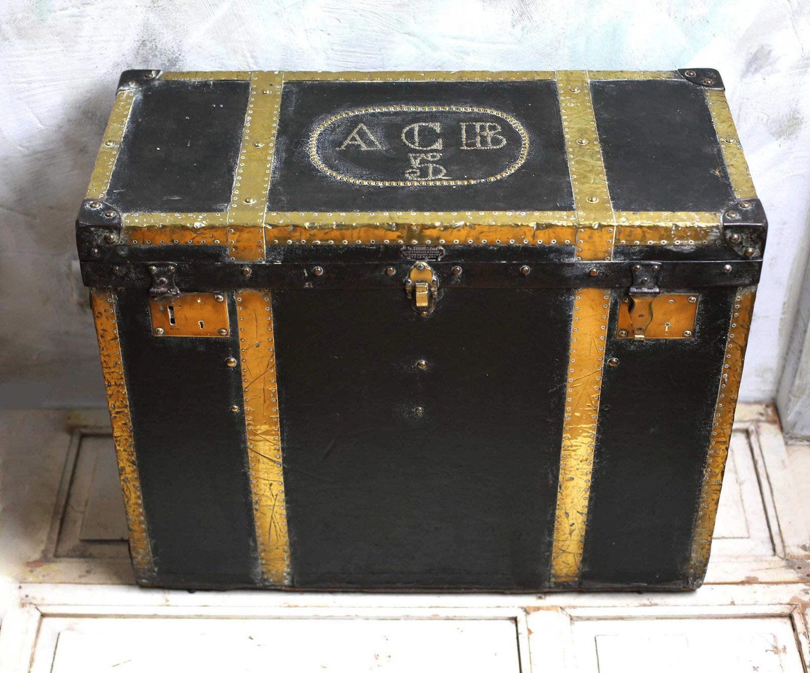 Large Antique Studded Chest Steamer Trunk Monogram In Brass Studs Wooden Black Storage Box photo furniture
