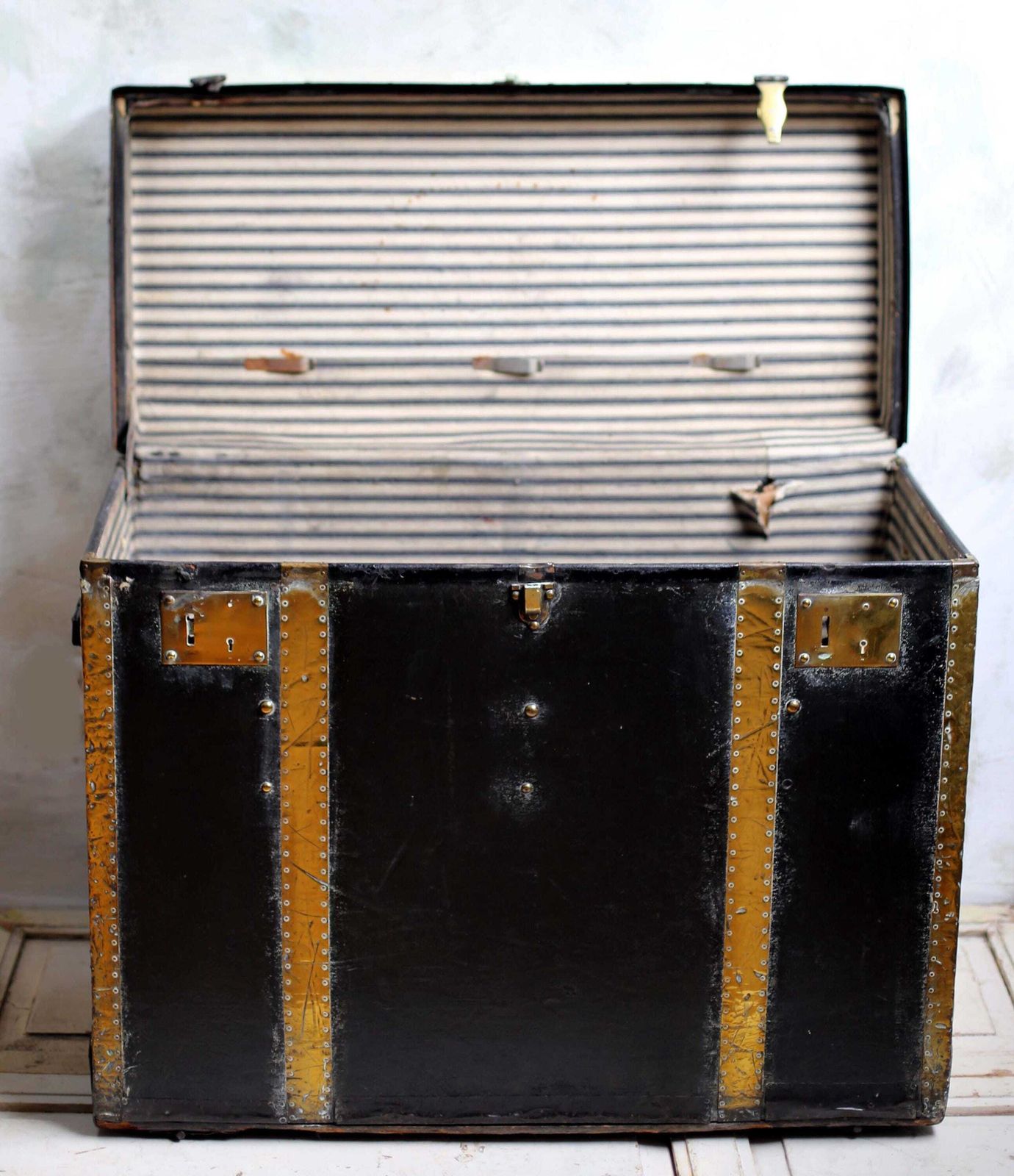 Large Antique Studded Chest Steamer Trunk Monogram In Brass Studs Wooden Black Storage Box photo vinterior