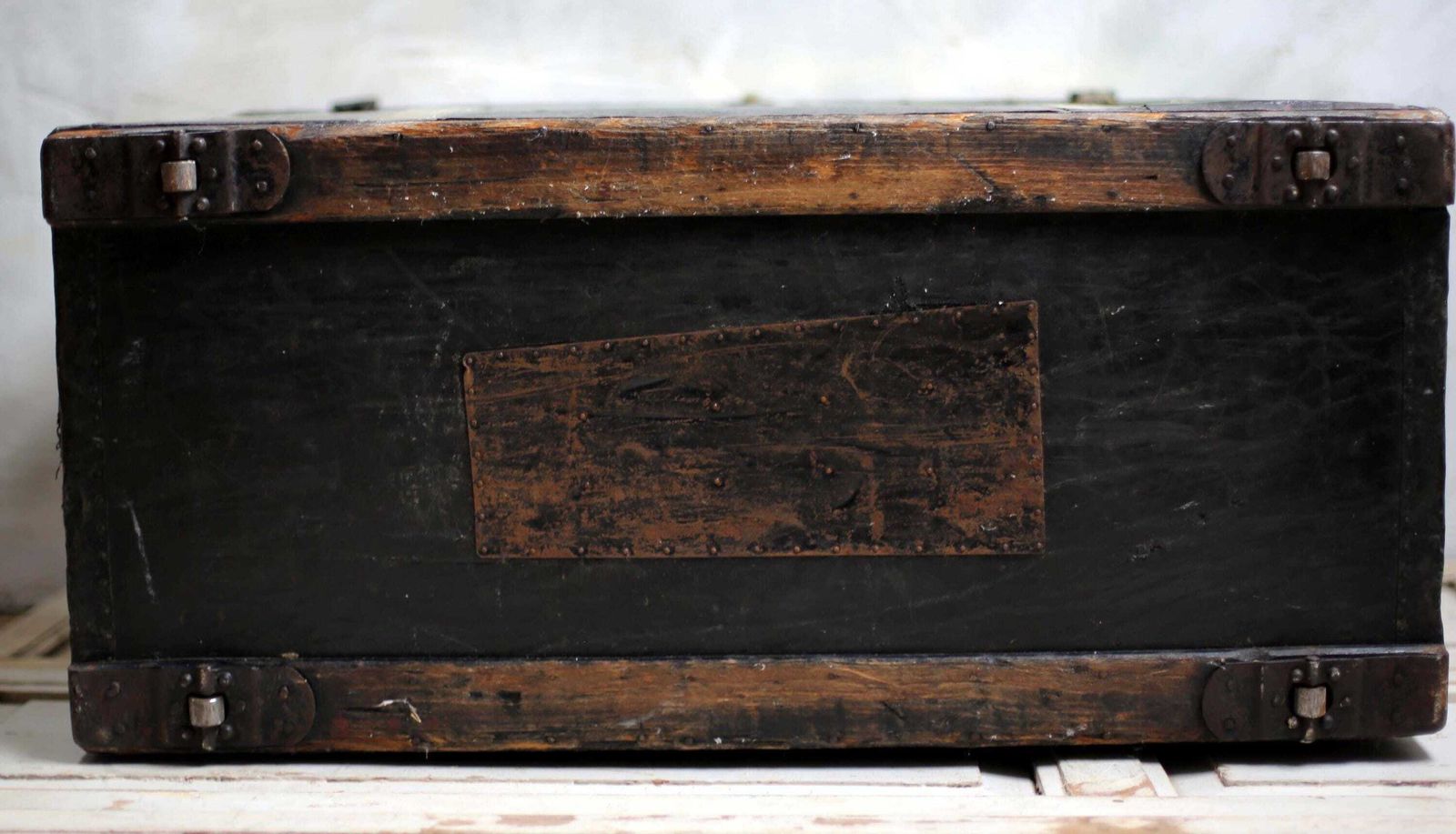 photo furniture Large Antique Studded Chest Steamer Trunk Monogram In Brass Studs Wooden Black Storage Box