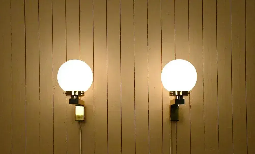 Swedish Model V397 Sconces In Brass And Opaque Glass By Hans Agne Jakobsson For Hans Agne Jakobsson Ab, 1970s, Set Of 2 photo for sale