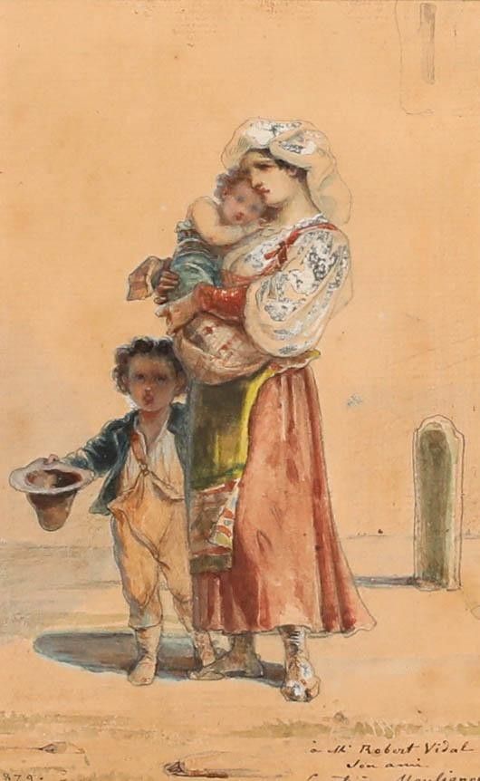 Léopold De Moulignon (1821 1897) 1879 Watercolour, Peasant Family photo furniture