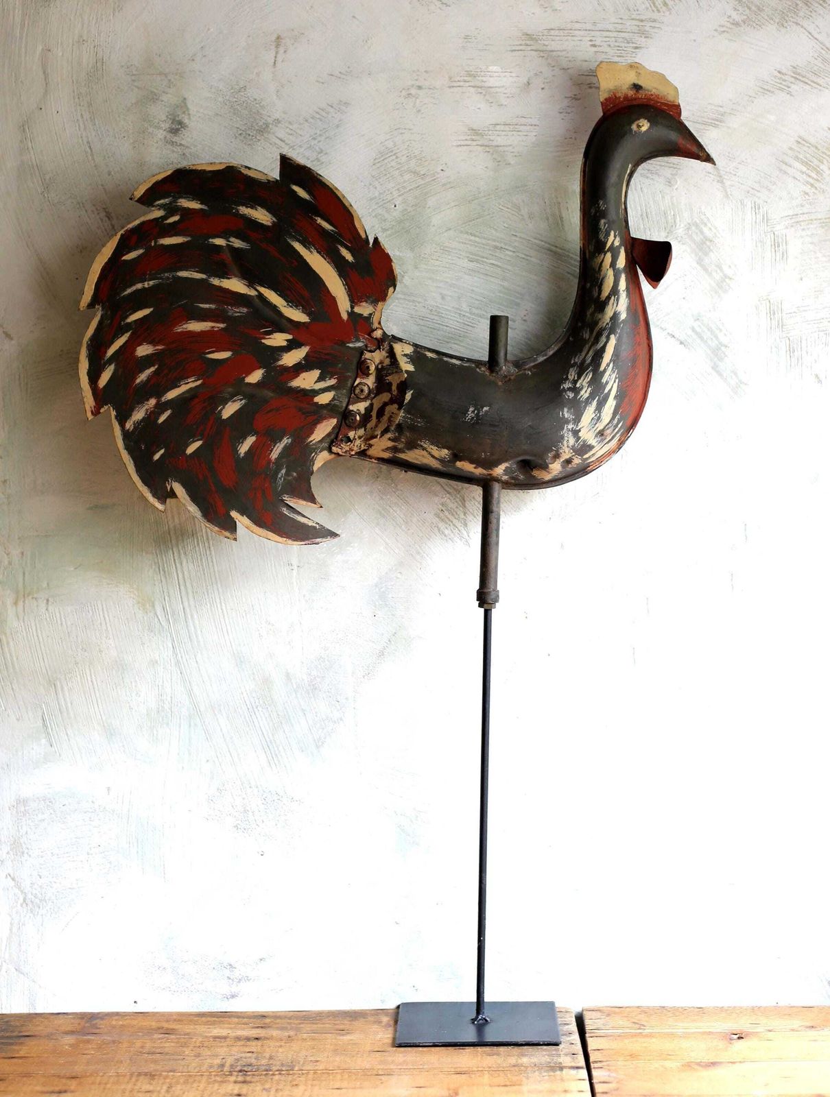 Antique Primitive Cockerel Weather Vane Early French Painted Tin Rooster Roof Ornament Folk Art photo 300.0