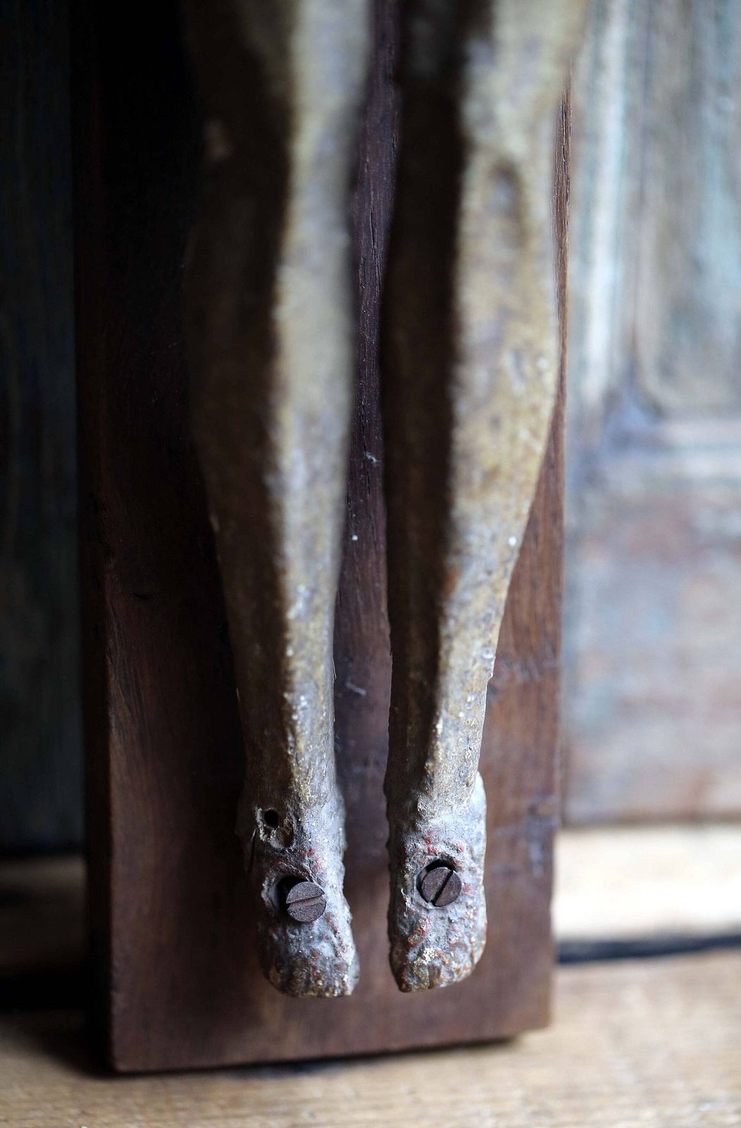 Antique Polychrome Christ Figure Carved Wooden Crucifix Romanesque Style photo for sale