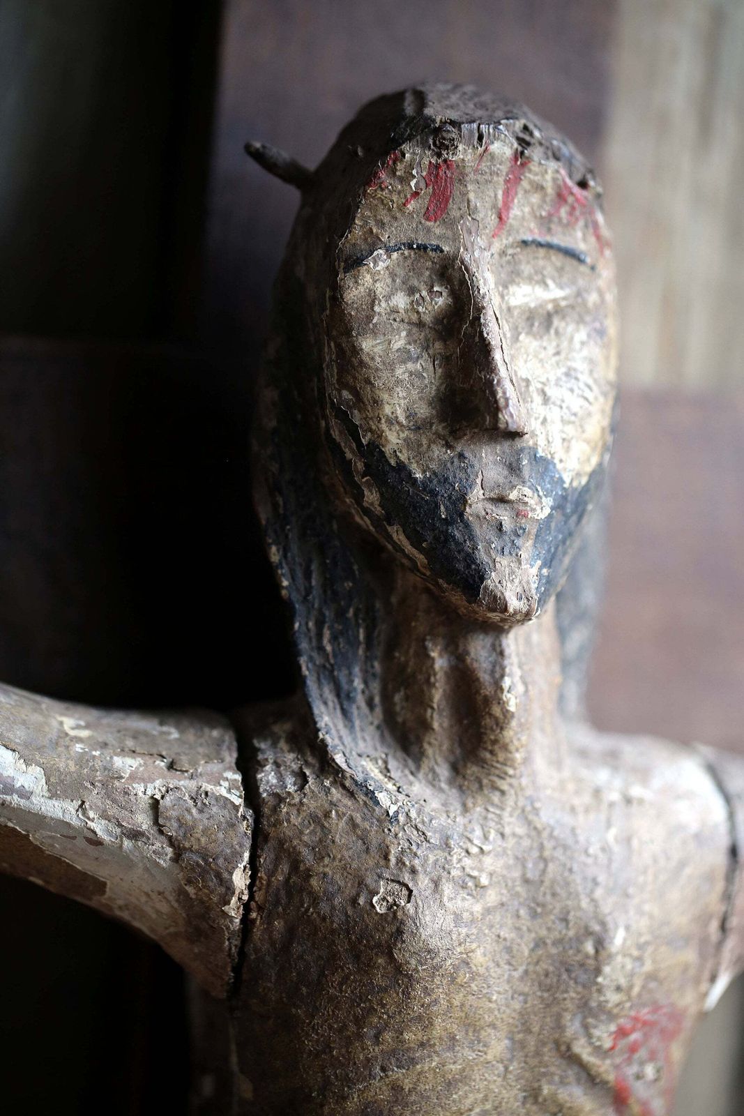 Antique Polychrome Christ Figure Carved Wooden Crucifix Romanesque Style photo buy