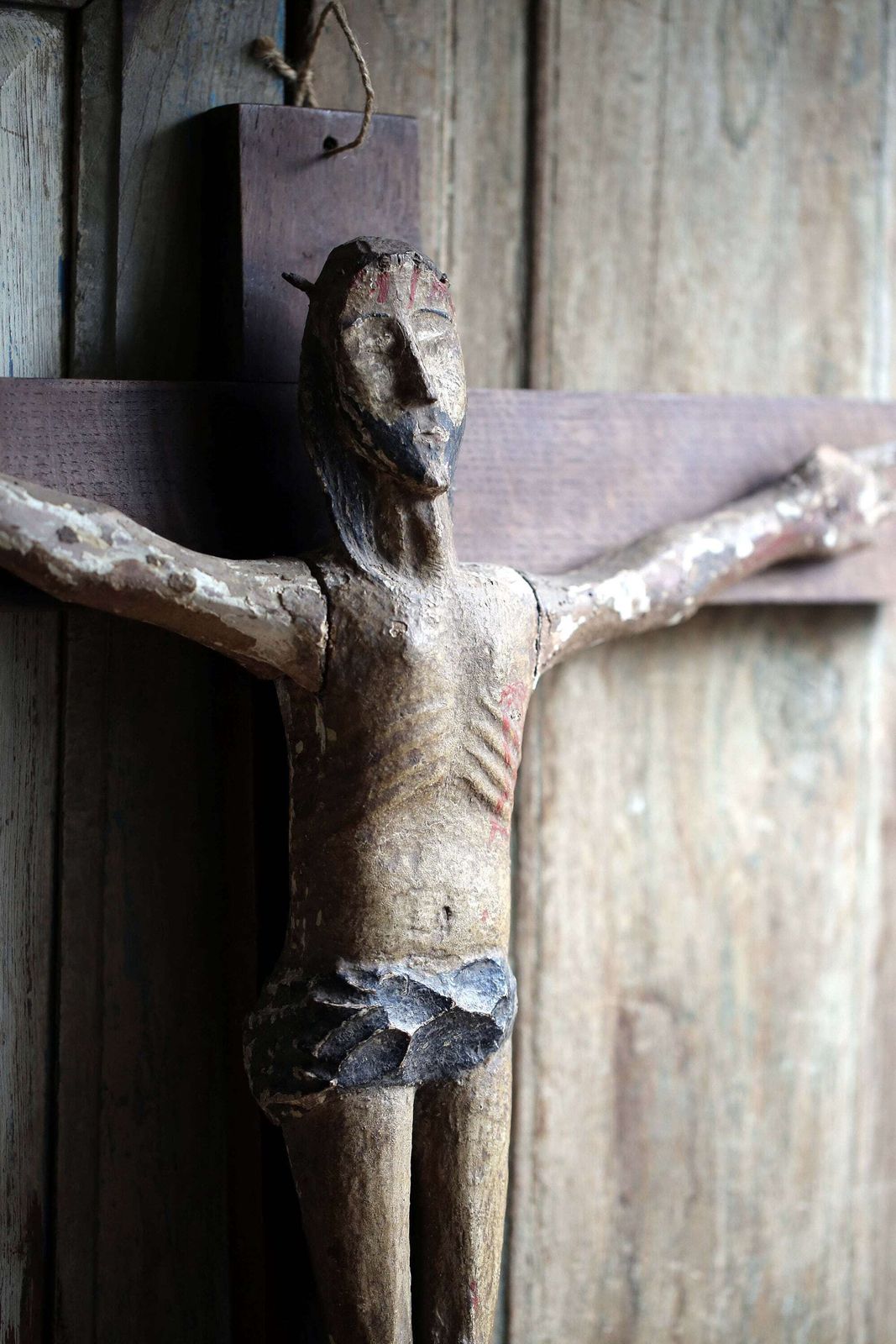 photo for sale Antique Polychrome Christ Figure Carved Wooden Crucifix Romanesque Style
