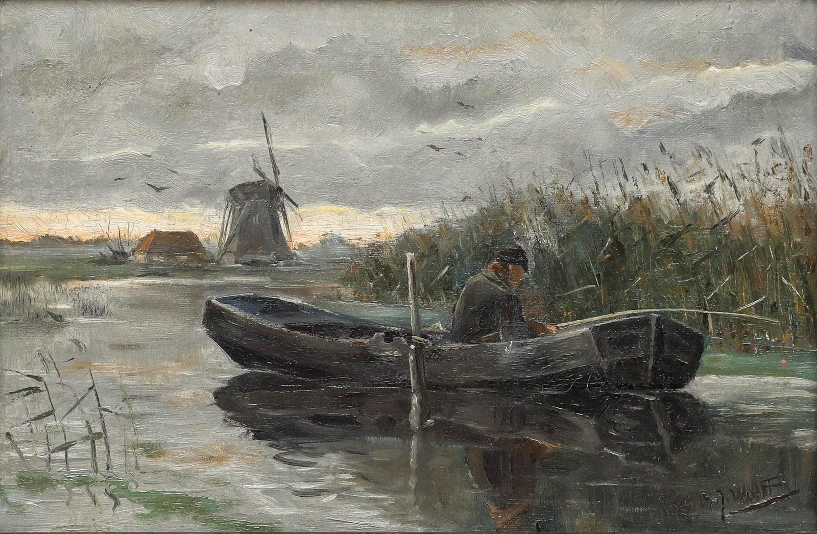 H.J. Wolff (B.1876) Dutch School Early 20th Century Oil, Fishing On The River photo furniture