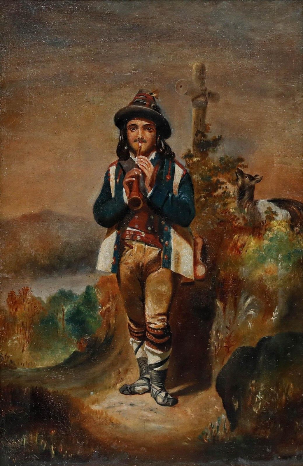 Continental School Late 19th Century Oil Shepherd Playing The Flute photo furniture