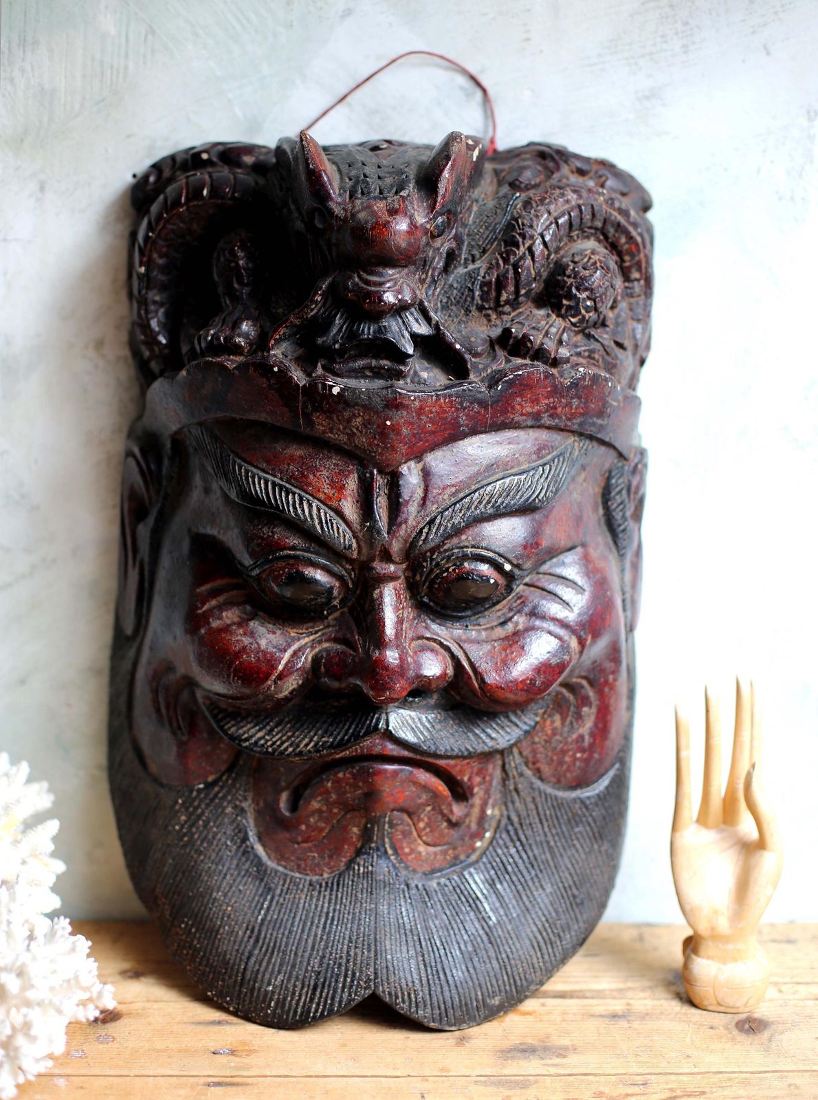 Huge Antique Wooden Mask Thai Bearded Man Face Folk Art Wall Hanging
