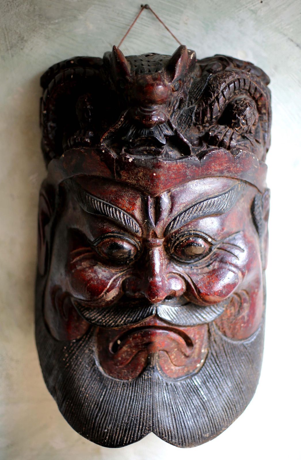 Huge Antique Wooden Mask Thai Bearded Man Face Folk Art Wall Hanging photo for sale