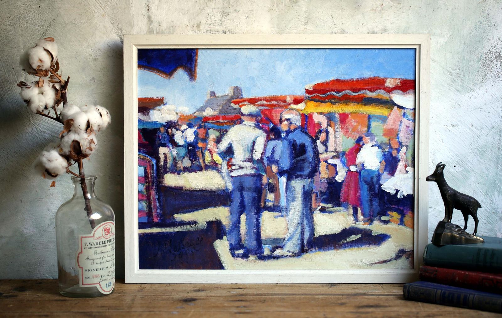 Vintage French Market Scene Oil Painting: Dinard Seaside Art By Marcel Lassauce, 1988 photo vintage