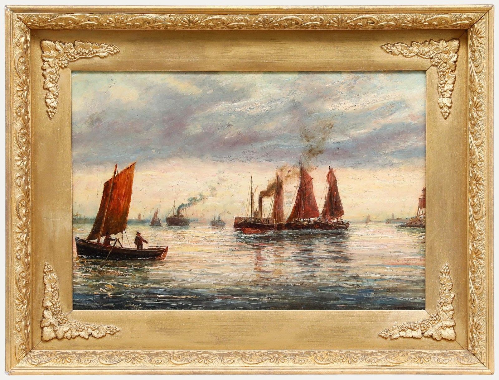 Framed Late 19th Century Oil Shipping Off A Coastline