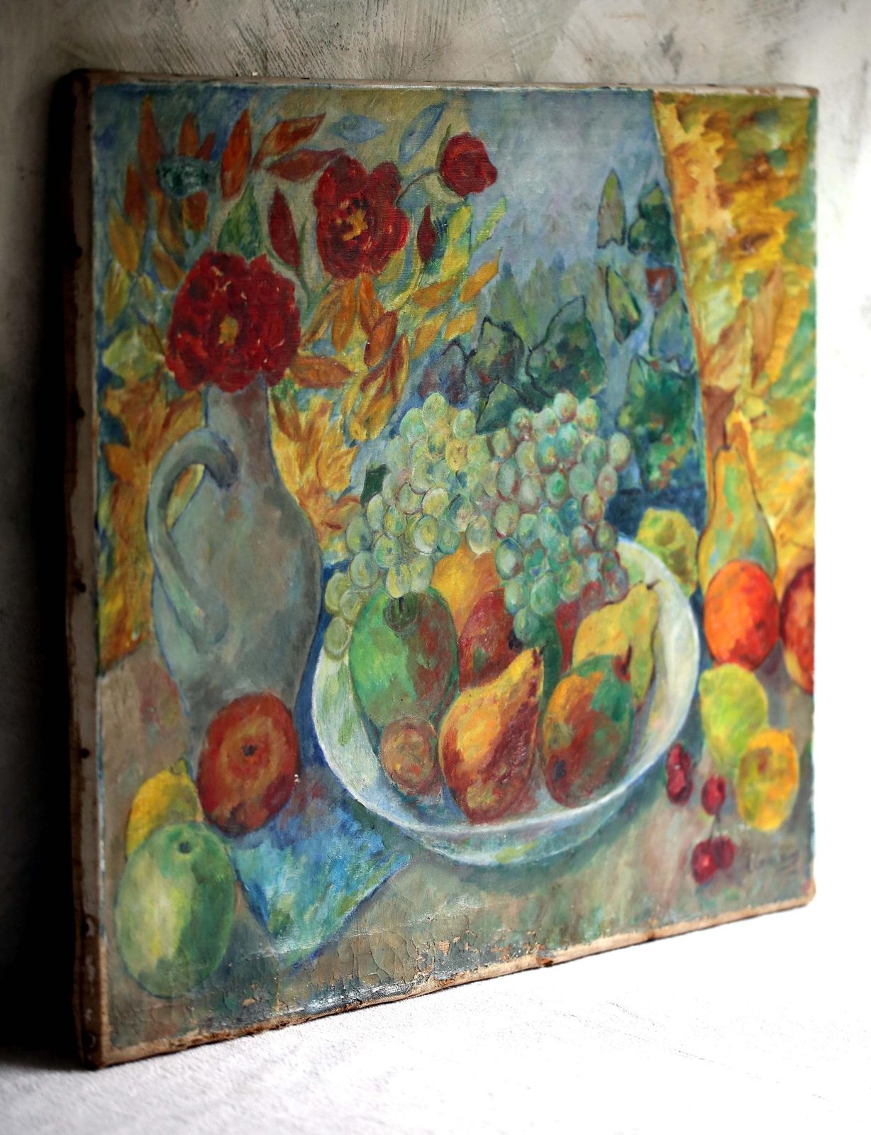 Original Still Life Oil Painting Artist Large Vintage Canvas Fruit Expressionist Art photo vintage