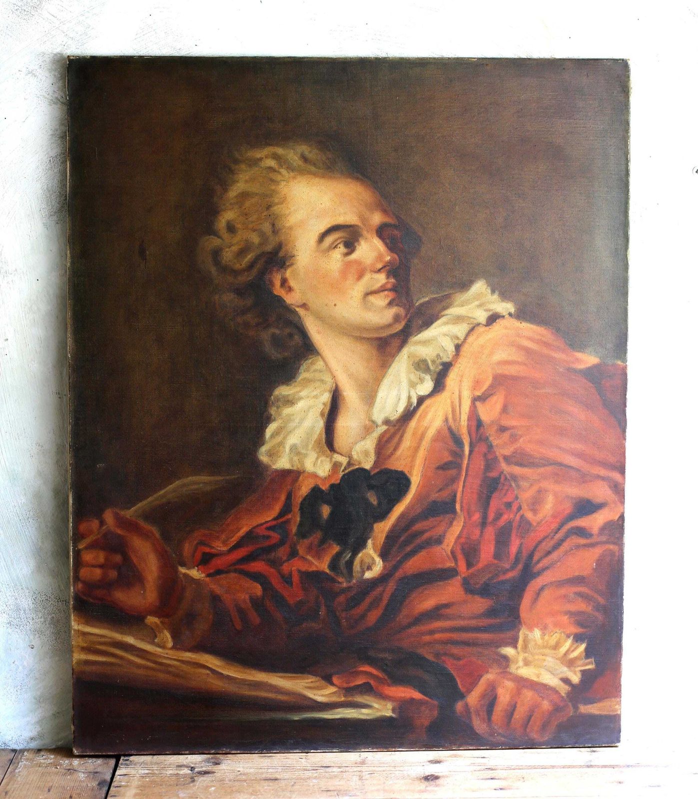 Antique French Oil Painting: Male Writer Portrait After Fragonard