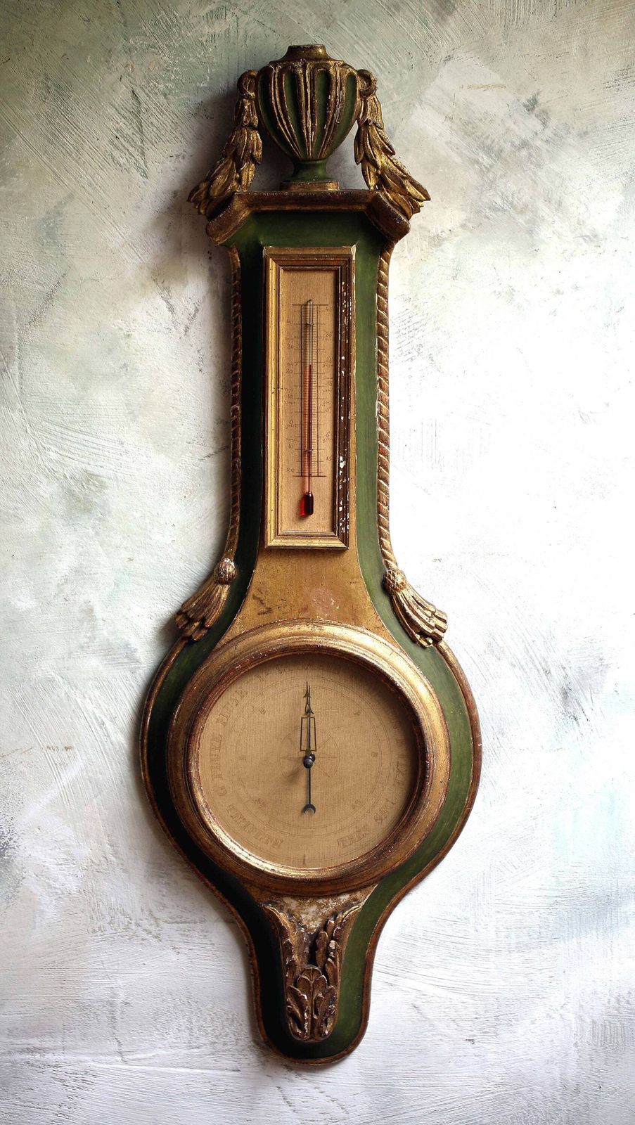 Antique Barometer Thermometer Louis XIV Style Green & Gilded Wood French Neoclassical Weather Instrument