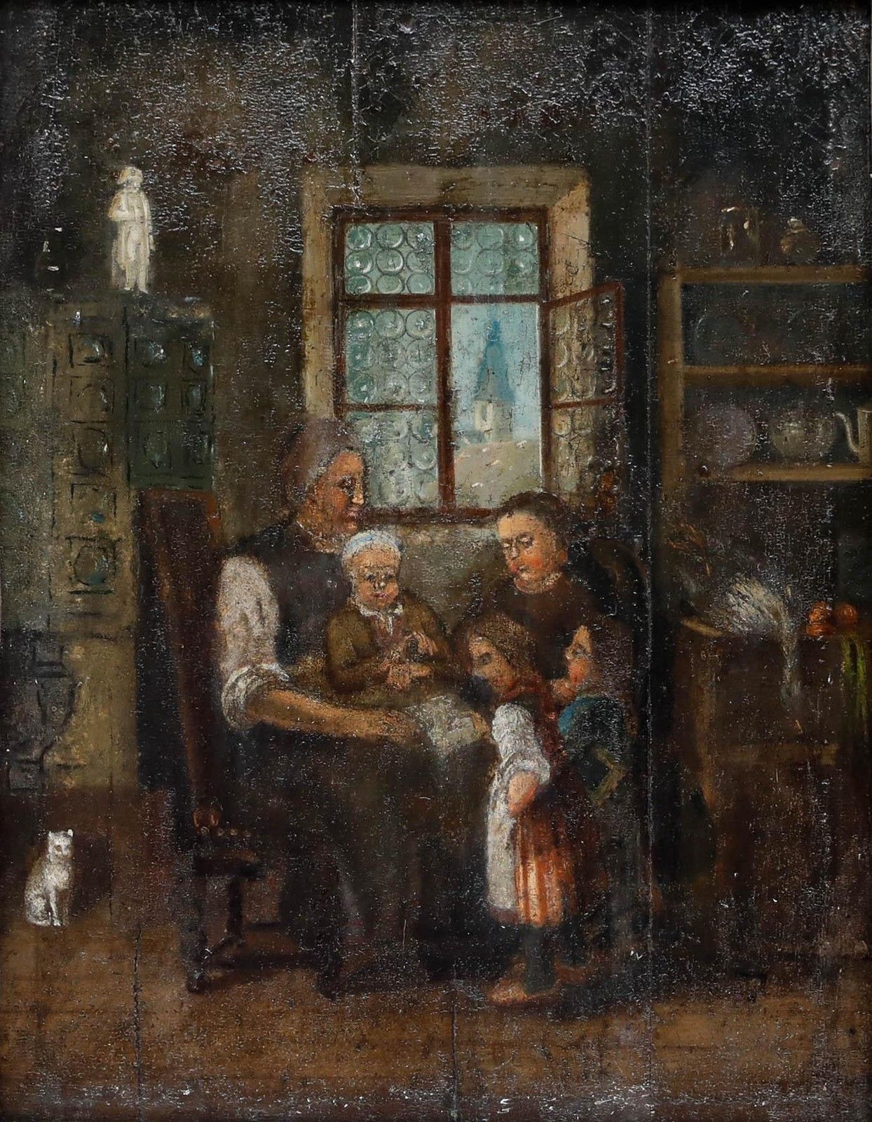 Framed 19th Century Oil Family Scene photo furniture