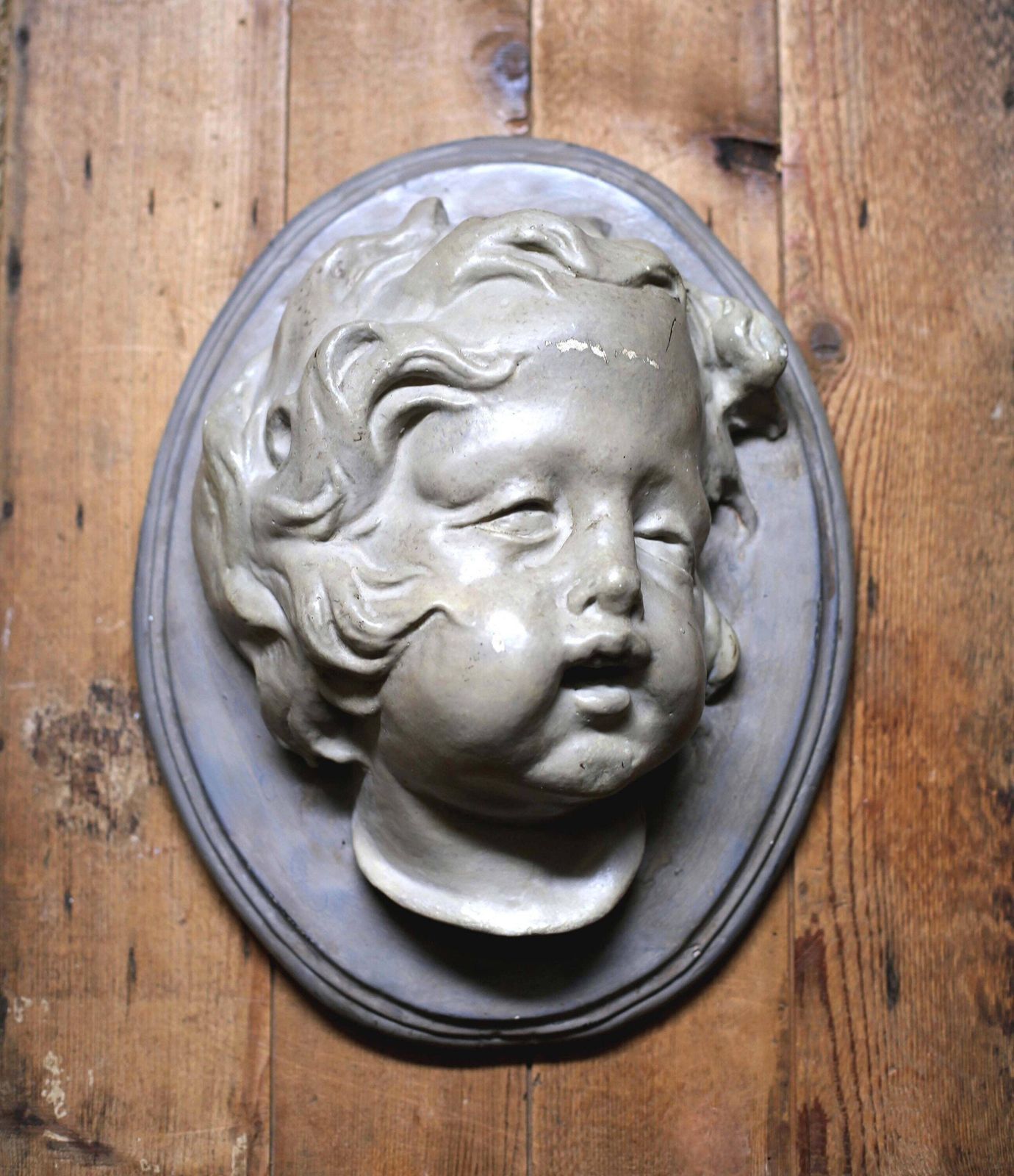Large Antique Cherub Wall Plaque Angel Face High Relief Cupid Hanging Neoclassical Putti