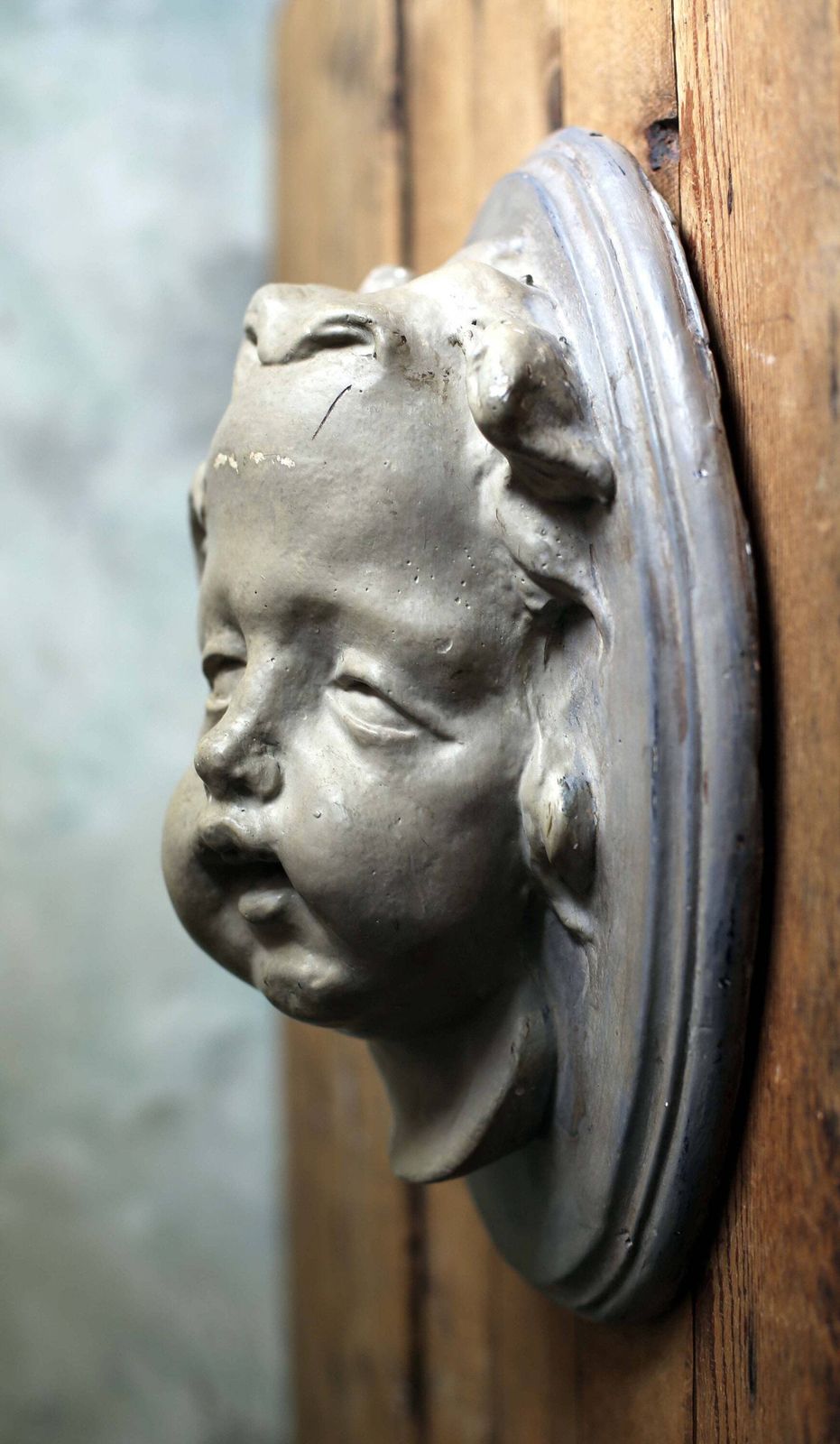 Large Antique Cherub Wall Plaque Angel Face High Relief Cupid Hanging Neoclassical Putti photo for sale