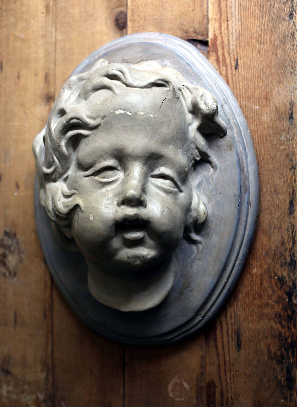 Large Antique Cherub Wall Plaque Angel Face High Relief Cupid Hanging Neoclassical Putti photo vintage