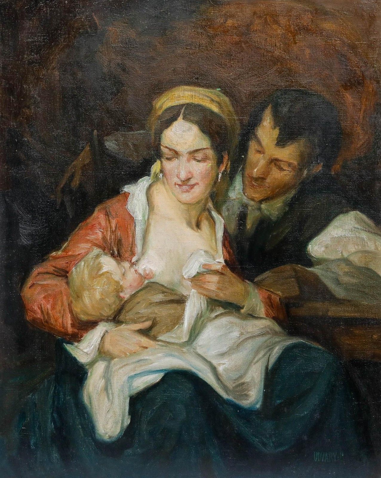 Geza Udvary (1872 1932) Early 20th Century Oil, Familial Love photo furniture