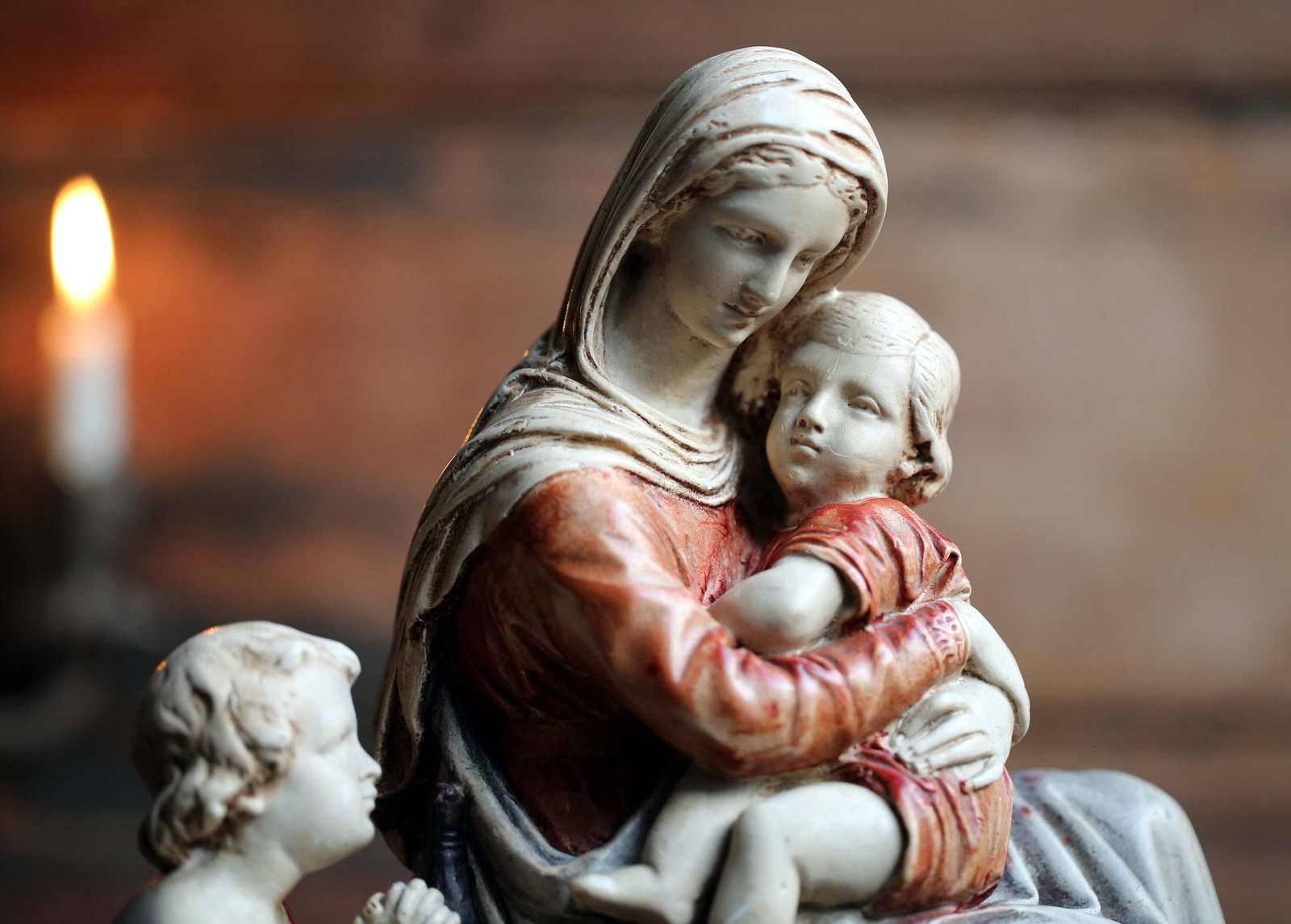 Antique French Memento Mori Chalkware Statue: Madonna, Jesus, Saint John photo furniture
