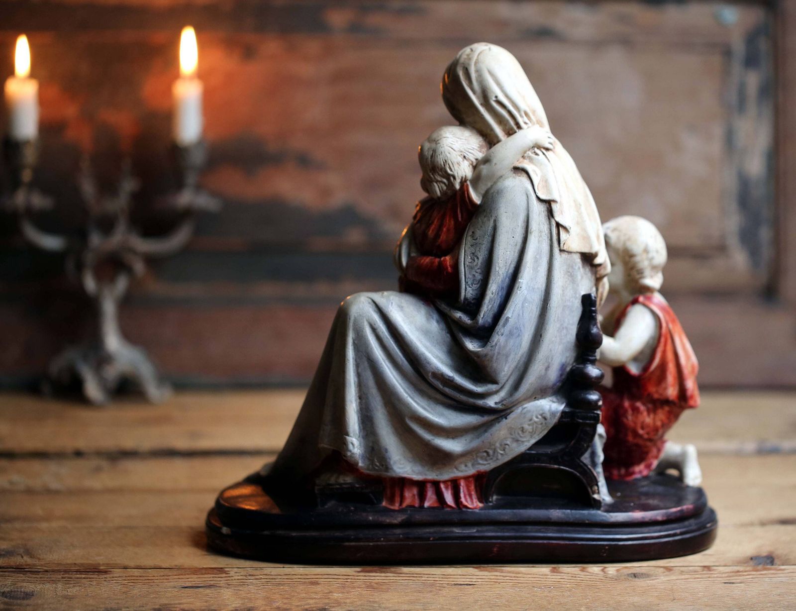 Antique French Memento Mori Chalkware Statue: Madonna, Jesus, Saint John photo vintage