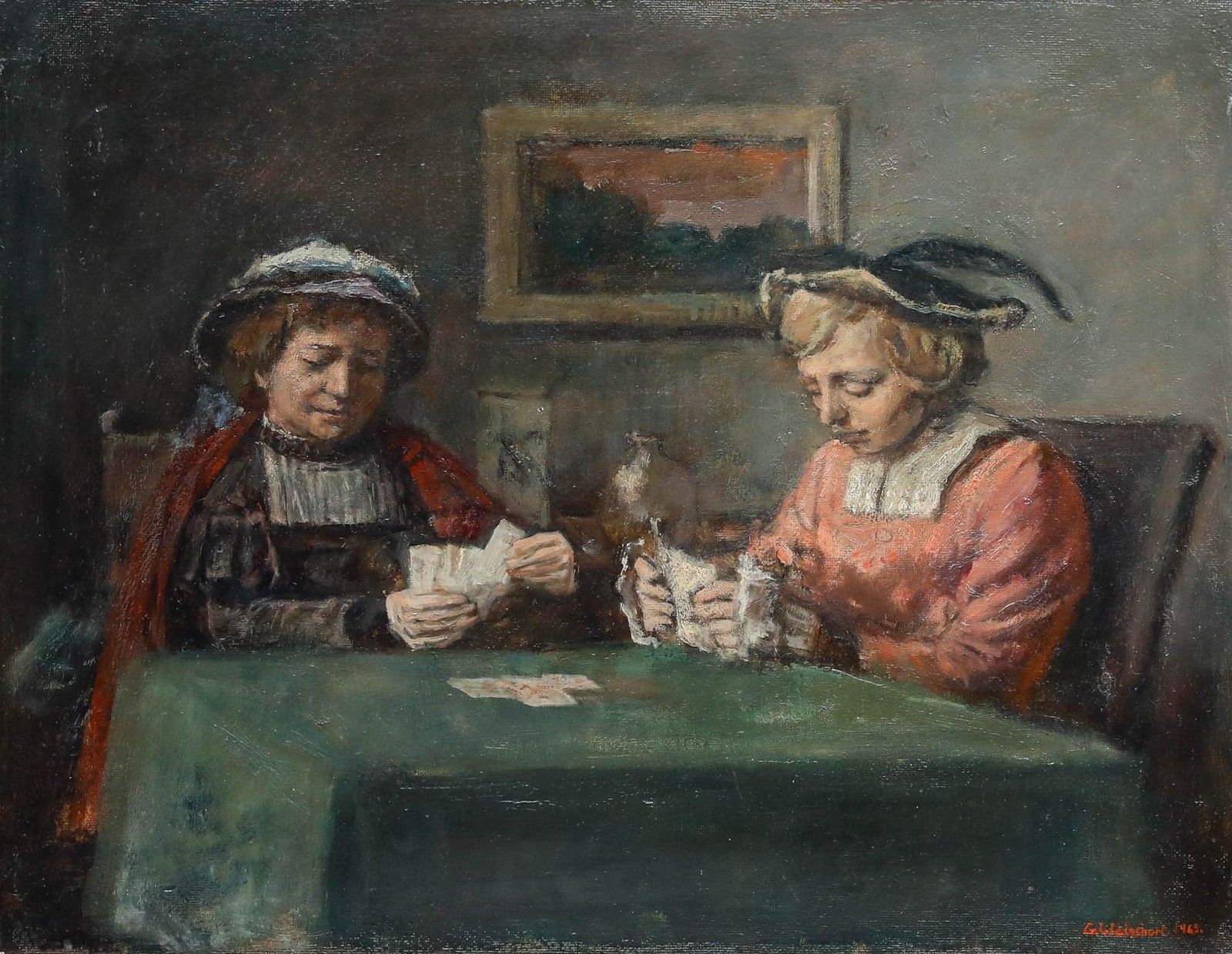 George Weissbort (1928 2013) Framed 20th Century Oil, A Ladies Game Of Cards photo furniture