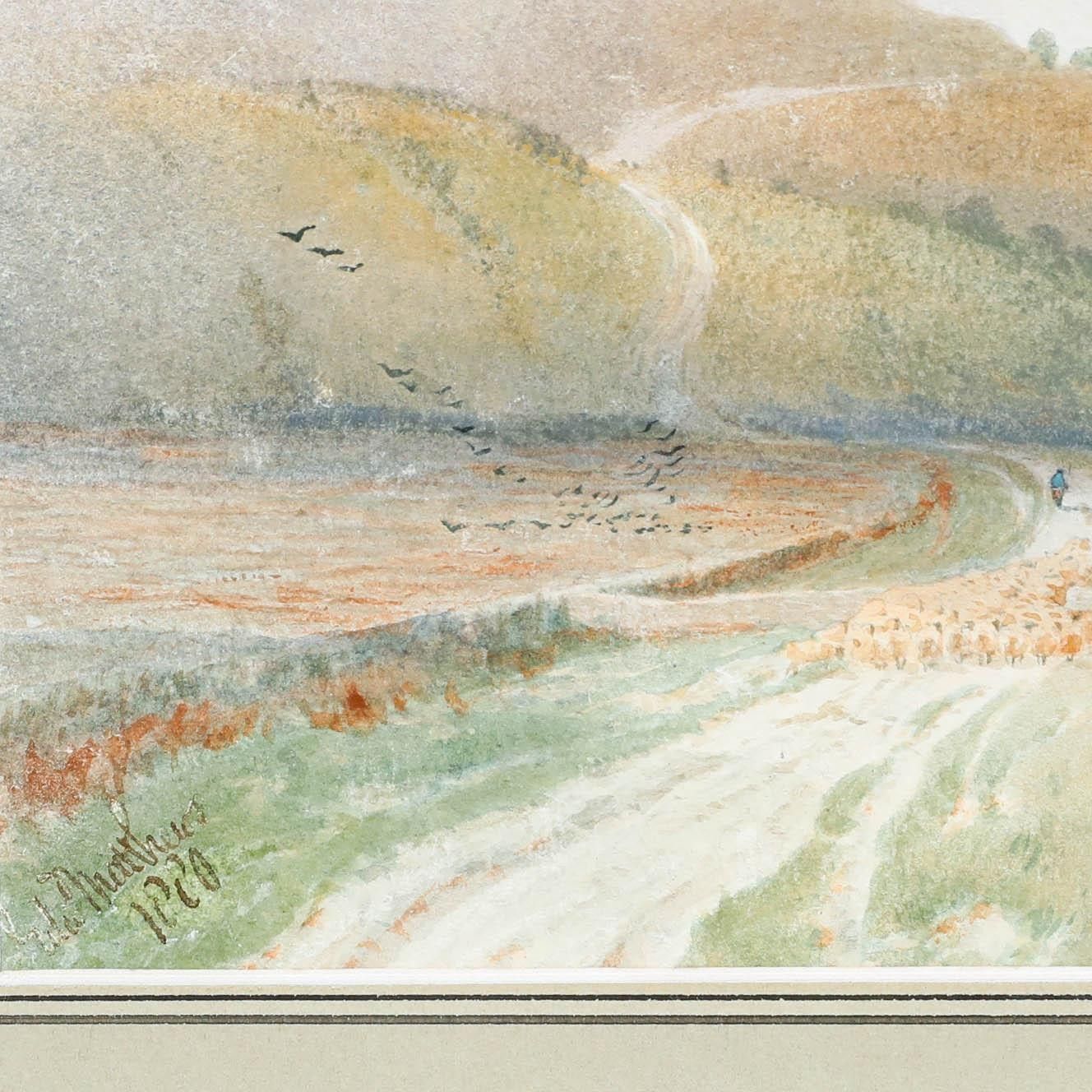 Edward Matthews 1876 Watercolour, Grazing Near Bignor Hill, Sussex photo vinterior