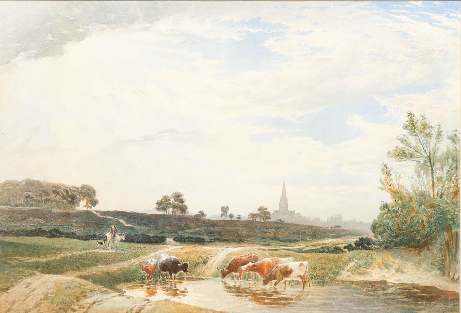 Edward Matthews Late 19th Century Watercolour, Cattle Drinking On Sheen Common photo furniture
