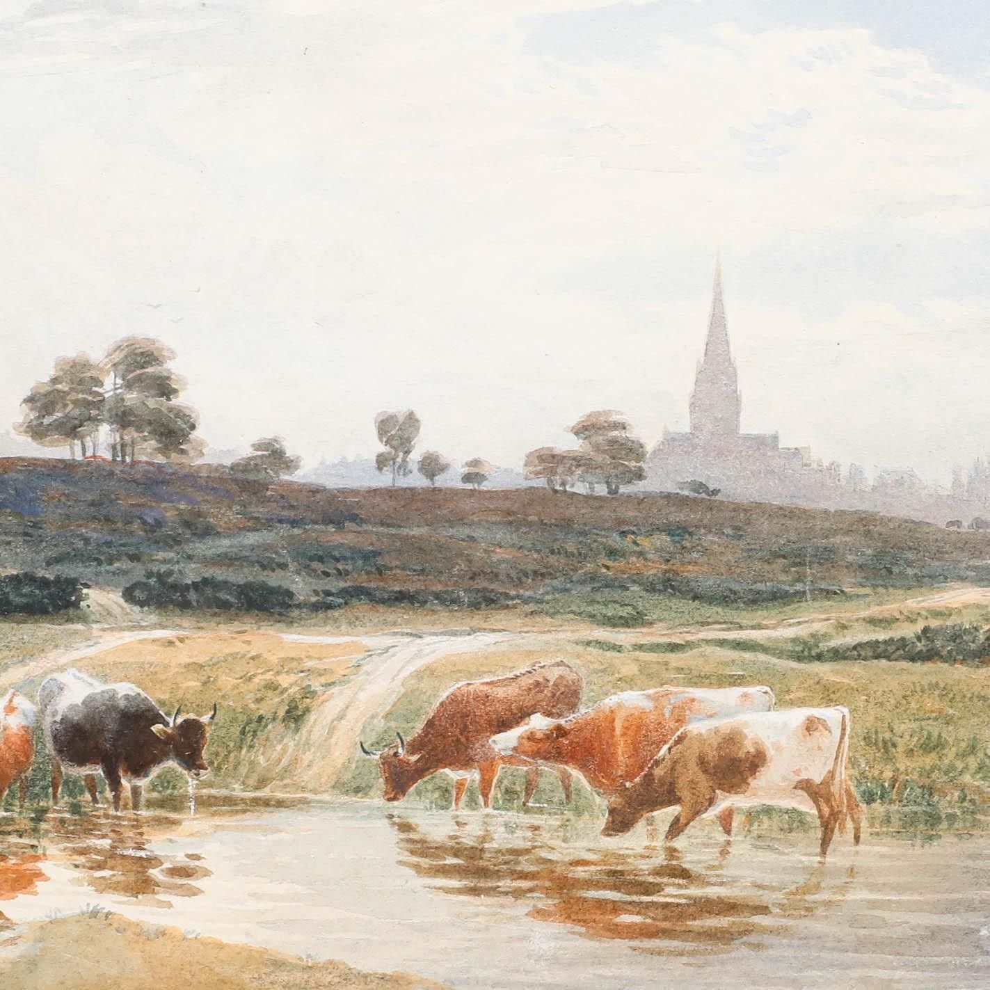 Edward Matthews Late 19th Century Watercolour, Cattle Drinking On Sheen Common photo Art