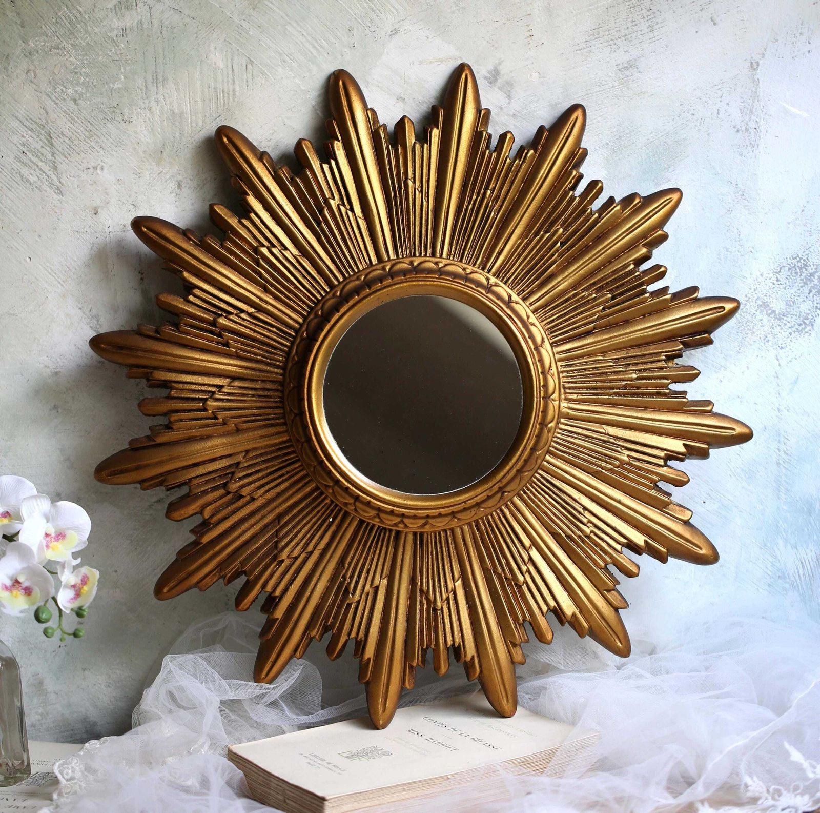 Large Antique French Gold Sunburst Mirror Plaster Sun Burst Star photo vinterior