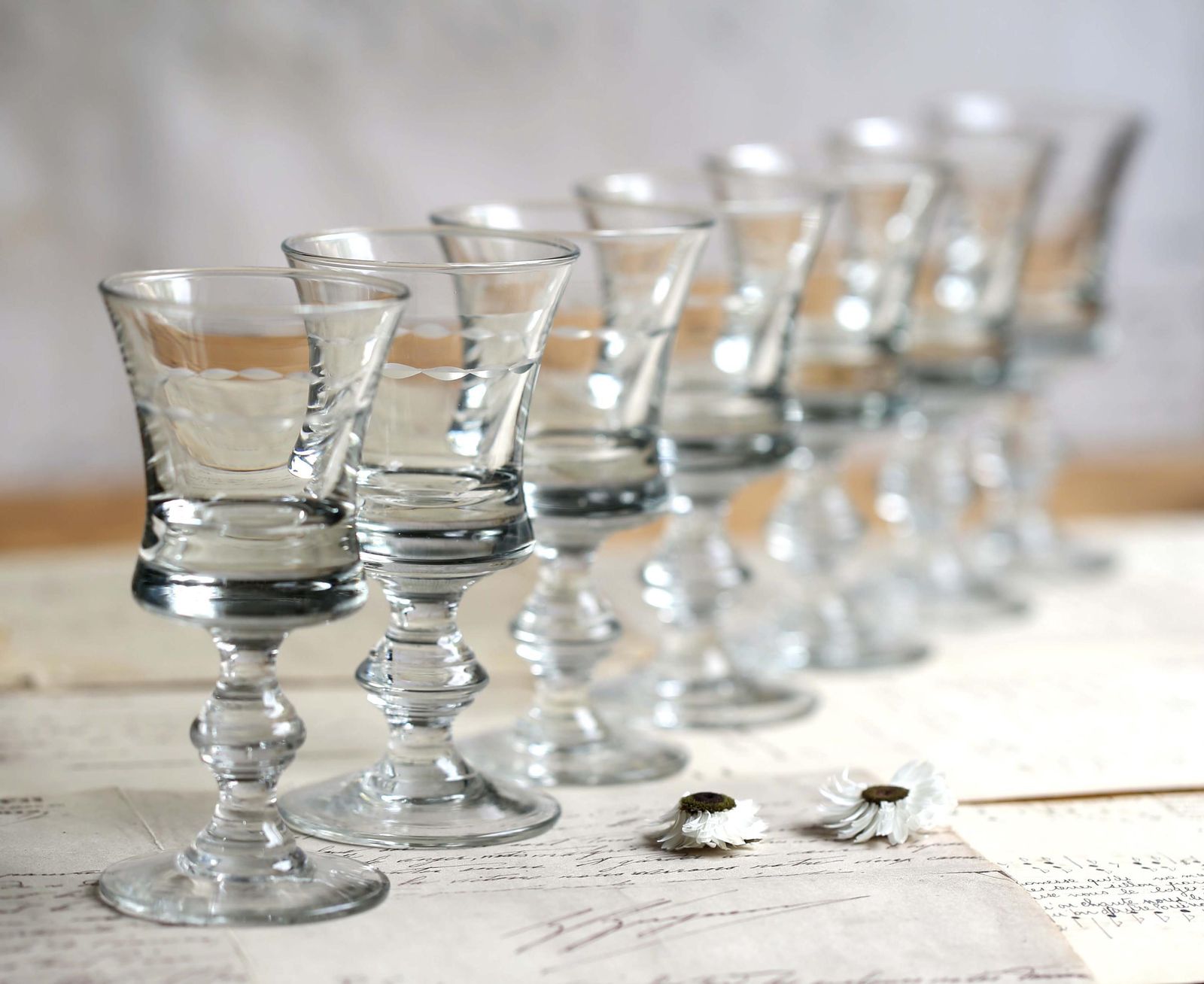 Set Of 7 Antique Glasses For Aperitif Handblown French Etched Sherry Port Glass photo furniture