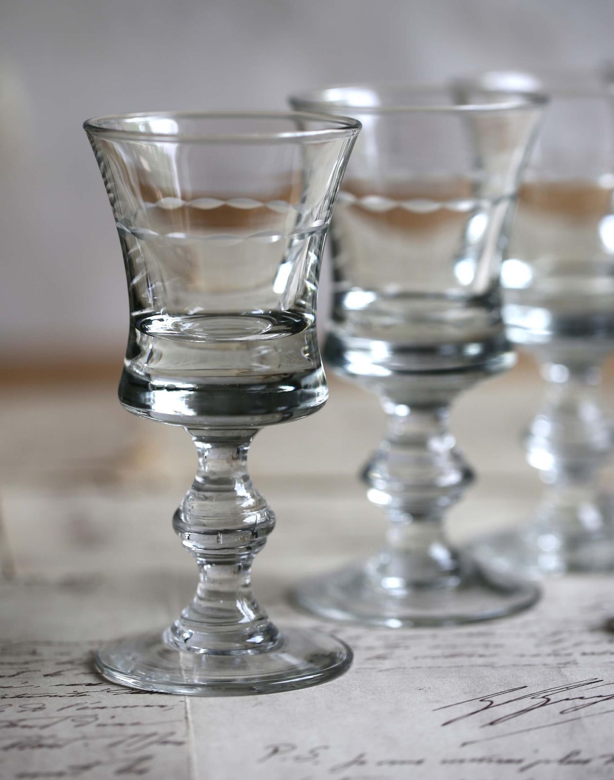 photo for sale Set Of 7 Antique Glasses For Aperitif Handblown French Etched Sherry Port Glass