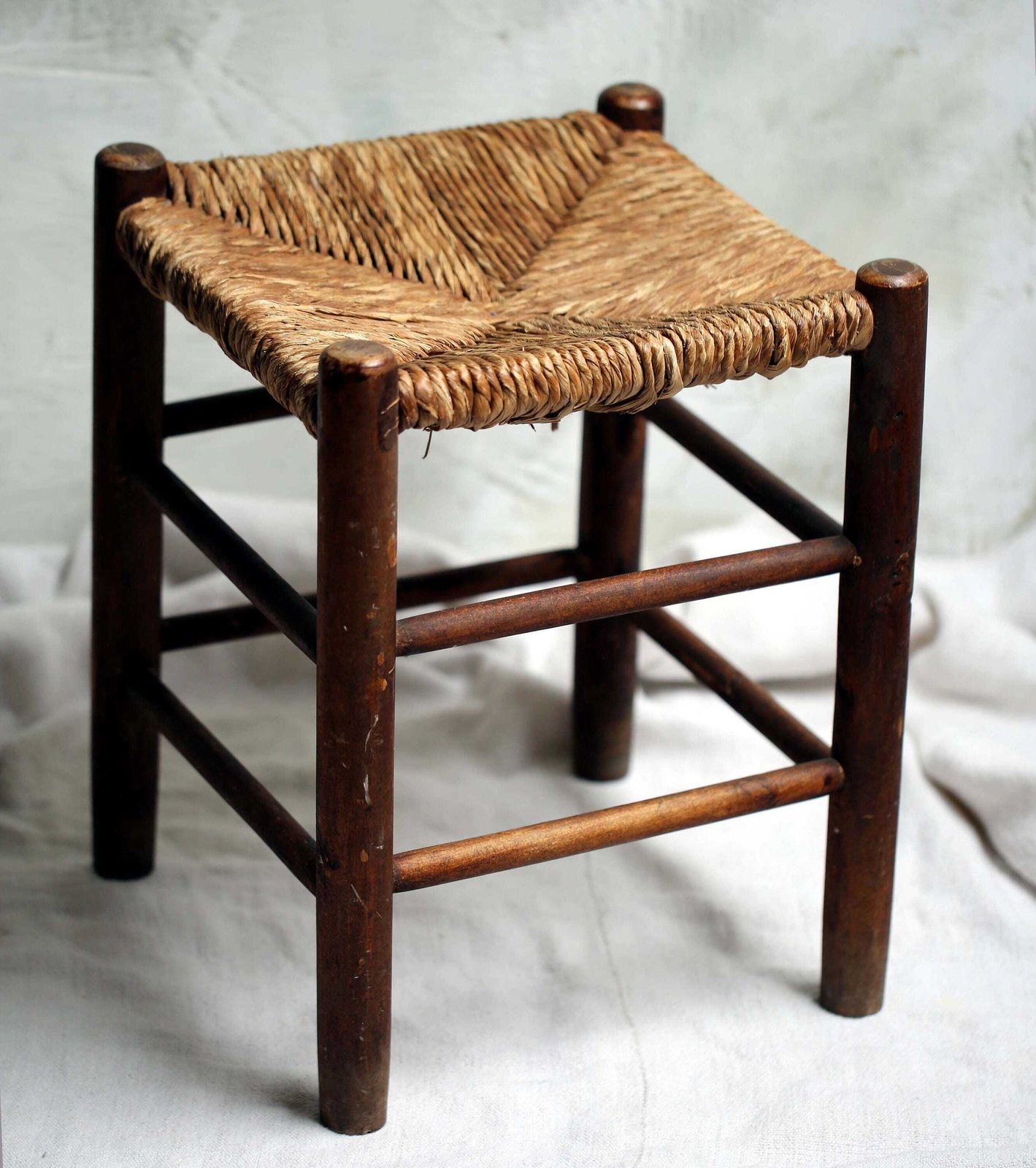 Antique French Wooden Stool With Woven Straw Seat photo Furniture