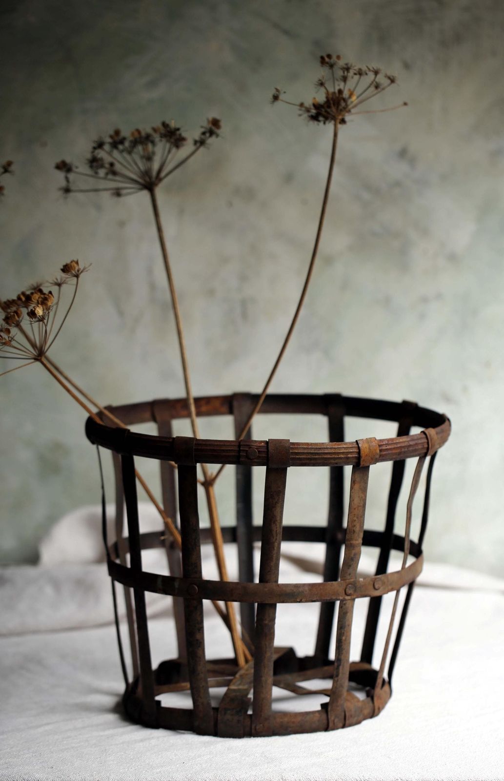 Antique French Iron Cage Demijohn Bottle Basket Large Round