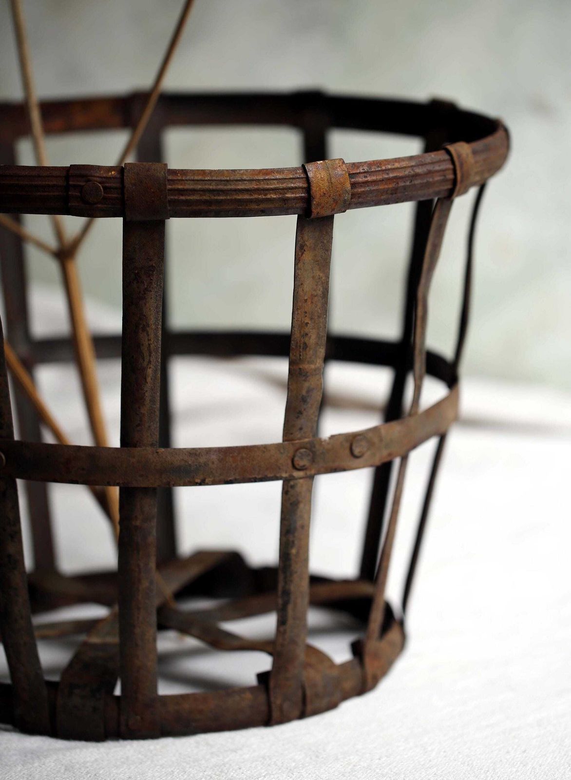 Antique French Iron Cage Demijohn Bottle Basket Large Round photo 114.0