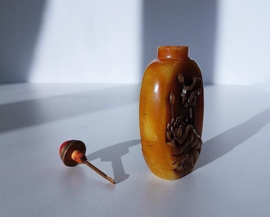 Early 20th Cen. Chinese Soapstone Zhusha Bottle And Seal With Carved Lotus And Lily Pad Relief photo 109.0