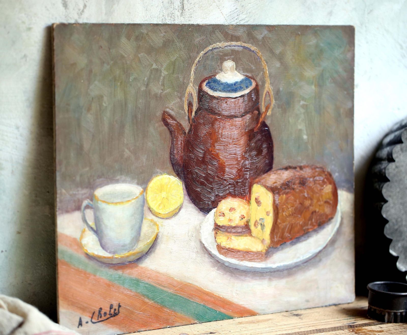 Original Impasto Oil Painting Still Life Kitchen Art Signed French Expressionism A Cholet photo Art
