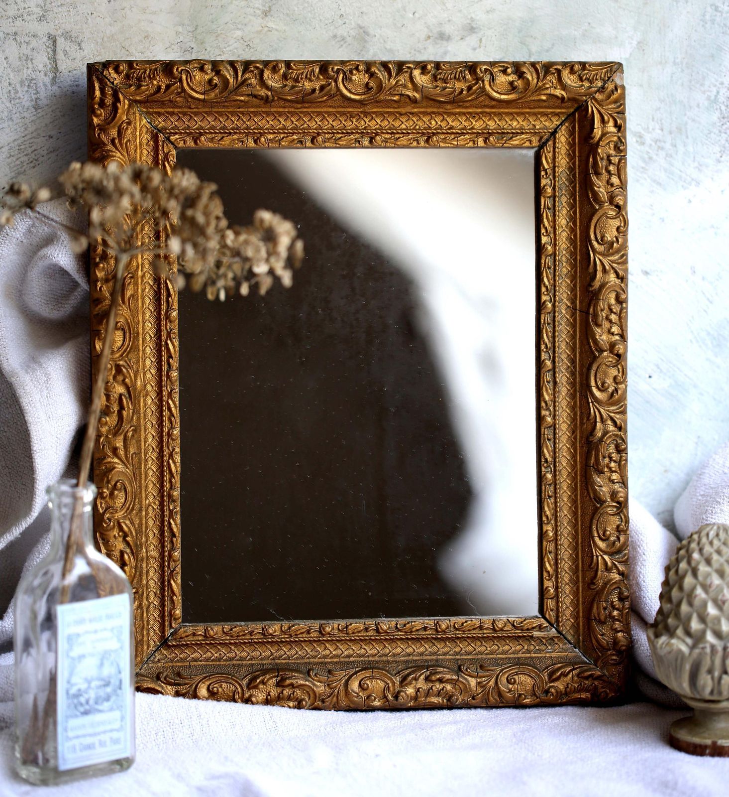 Antique French Wall Mirror With Ornate Wooden Painted Gold Frame Rococo photo vintage