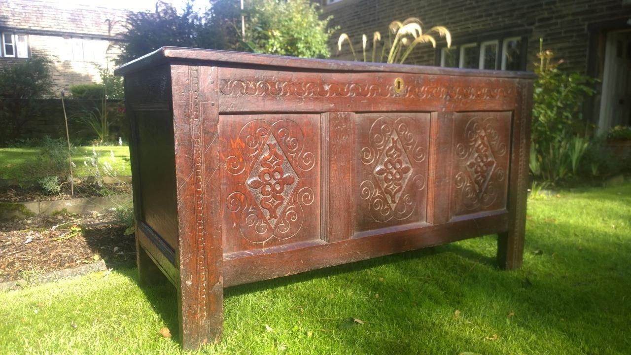 A Splendid Large 17th Century Carved Oak Coffer