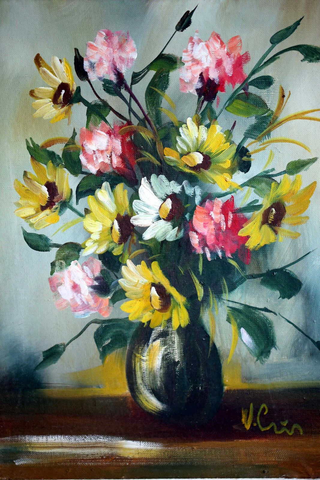 French Floral Oil Painting Canvas Art Flowers Framed Vintage Still Life Signed photo furniture