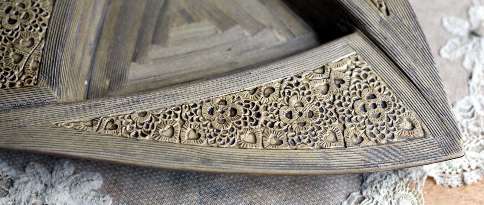 Arts & Crafts Ceramic Dish Antique Stamped Floral Triangle Plate Art Nouveau Fruit Bowl photo for sale