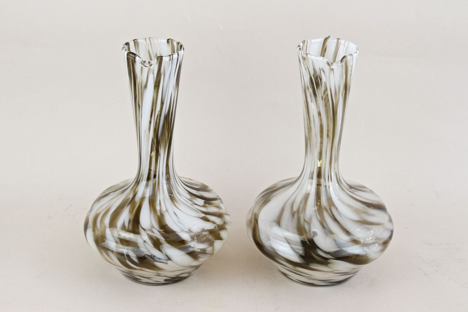 Pair Of Mid Century Murano Glass Vases/ Carafes, White/ Brown   Italy Ca. 1960 photo for sale