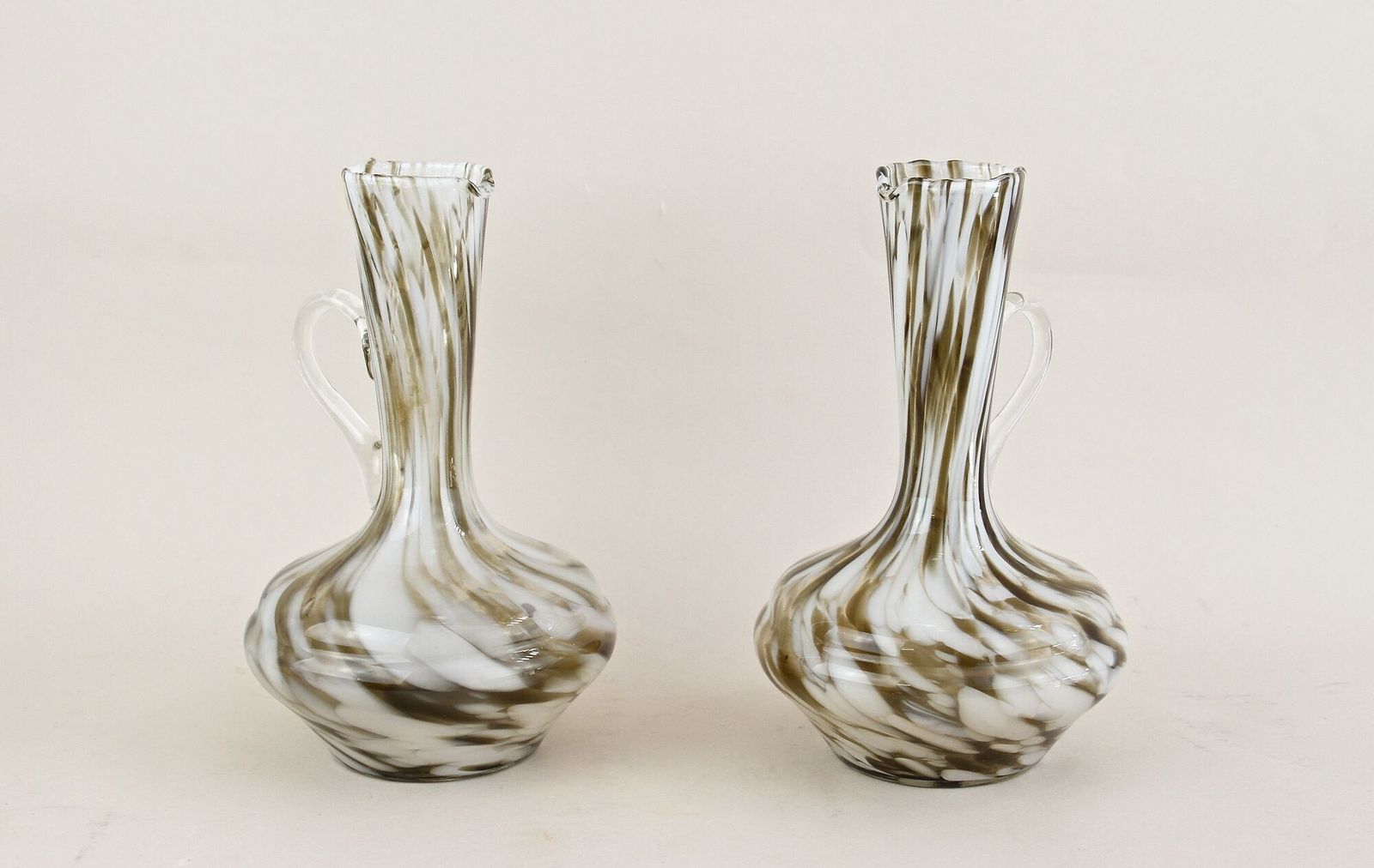 Pair Of Mid Century Murano Glass Vases/ Carafes, White/ Brown   Italy Ca. 1960 photo Home Decor