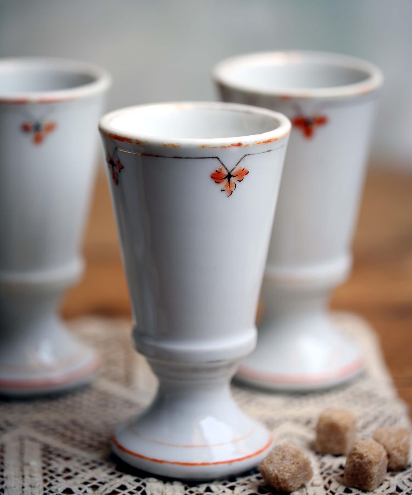 Antique French Bistro Cups Chunky Porcelain Coffee Goblets Set Of 4 photo for sale