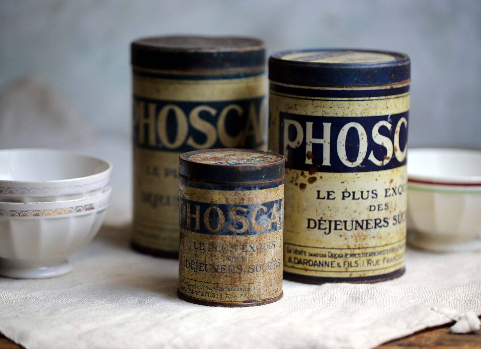3 Antique French Phoscao Tins Chocolate Drink Canisters Old Metal Breakfast Containers photo furniture